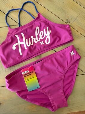 Hurley Pink Girls' Logo Two-Piece Bikini with Blue Straps